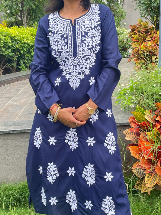 Rayon Chikankari Women's Long Kurta - Navi Blue