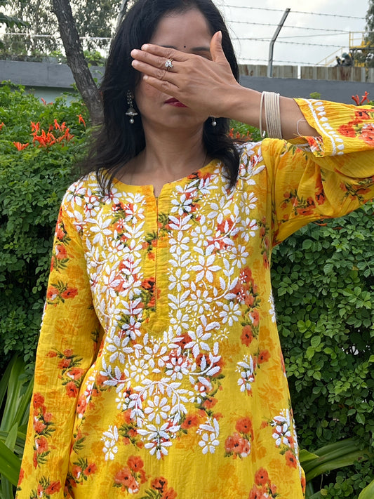 Mul Cotton Chikankari Printed Women's Long Kurta - Yellow