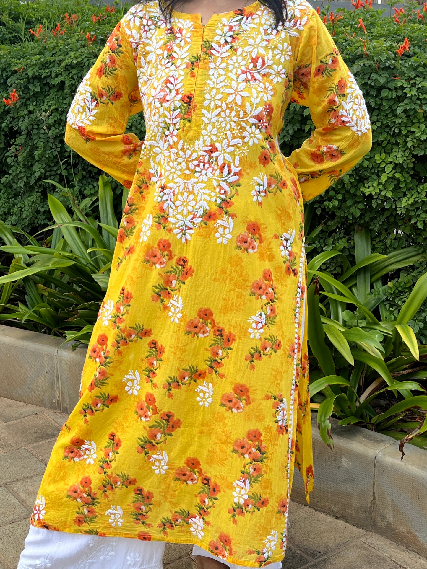 Mul Cotton Chikankari Printed Women's Long Kurta - Yellow