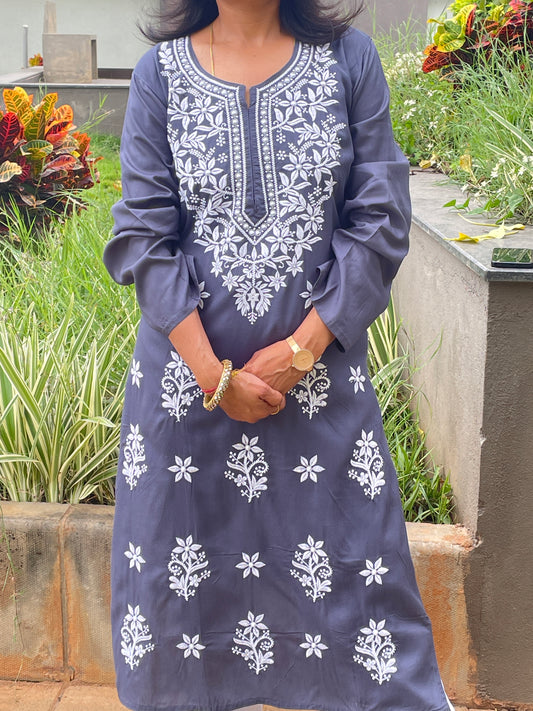 Rayon Chikankari Women's Long Kurta - Gray