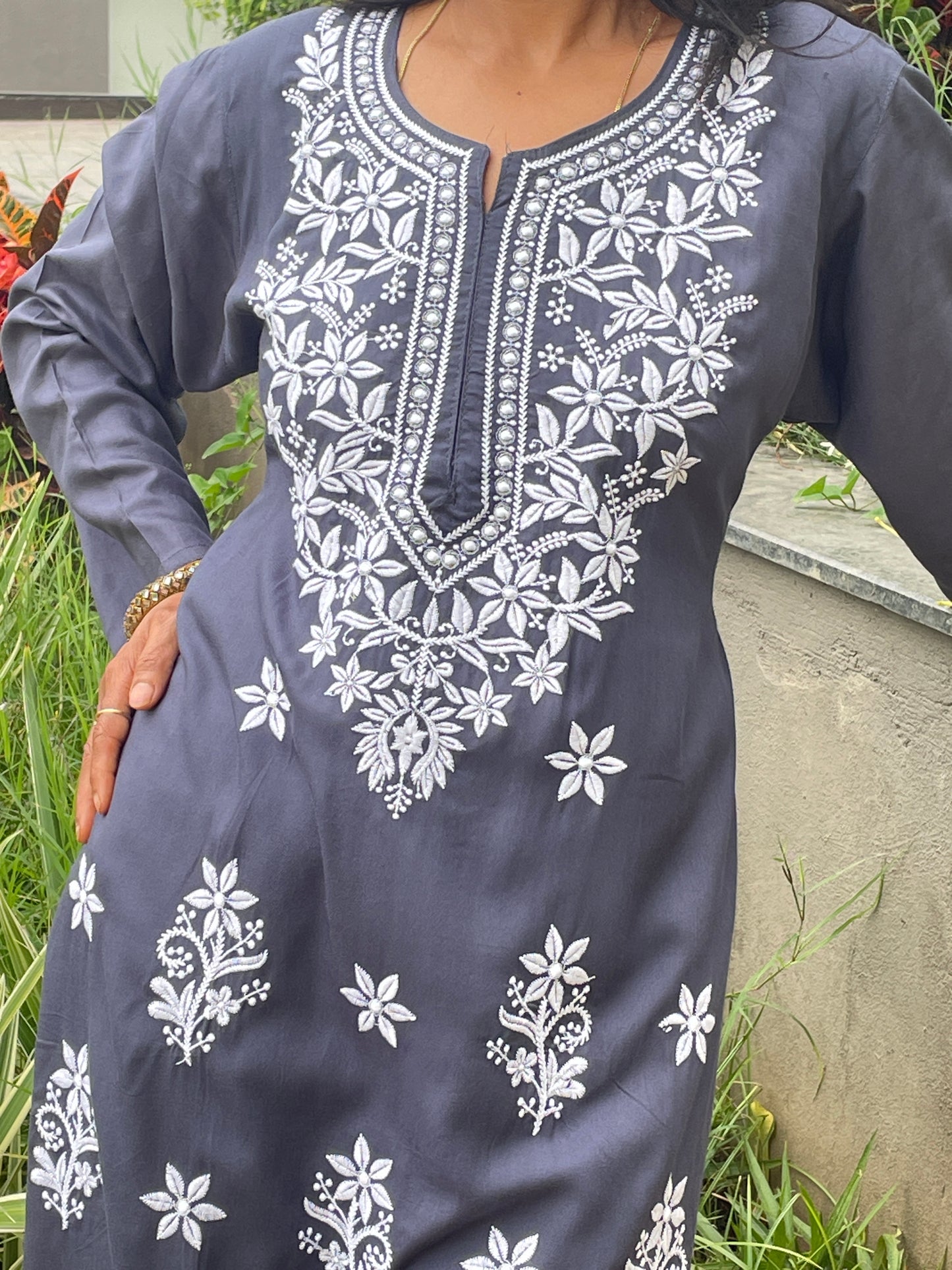 Rayon Chikankari Women's Long Kurta - Gray