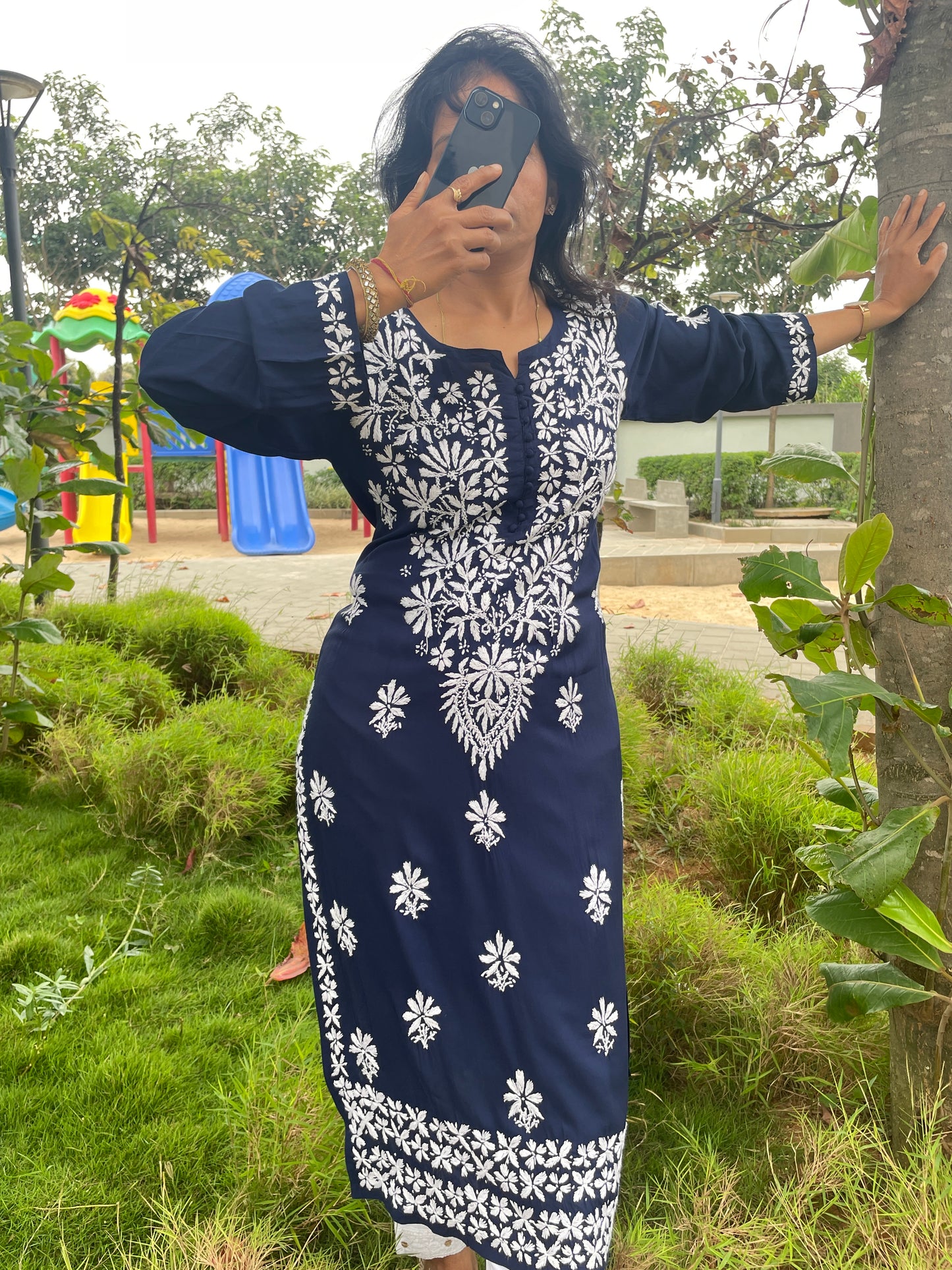 Modal Chikankari Women's Long Kurta - Navi Blue