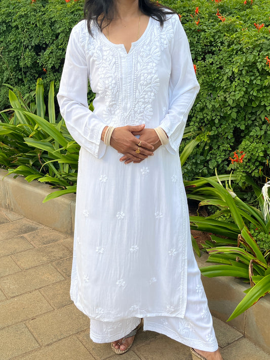 Rayon Chikankari Long Kurta Set- White