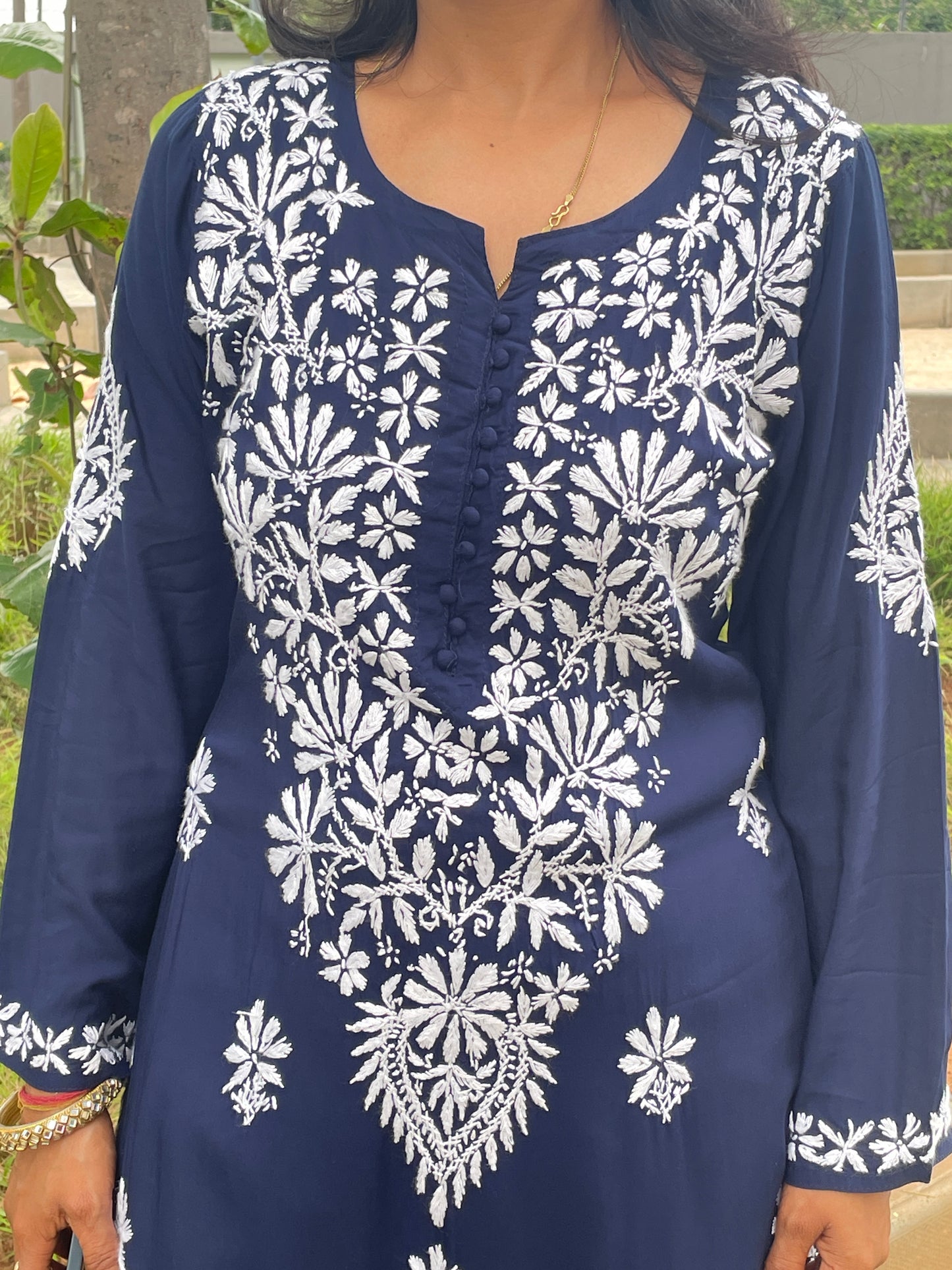 Modal Chikankari Women's Long Kurta - Navi Blue