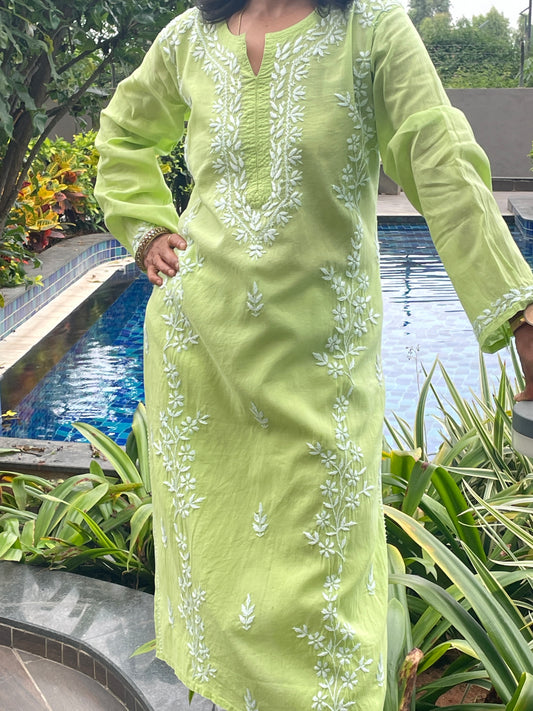 Cotton Chikankari Solid Women's Long Kurta - Green