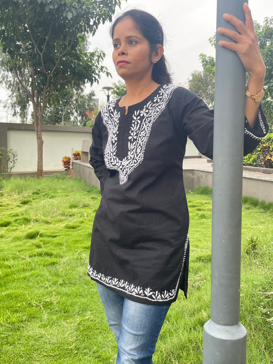 Cotton Chikankari Women's Short Kurta - Black