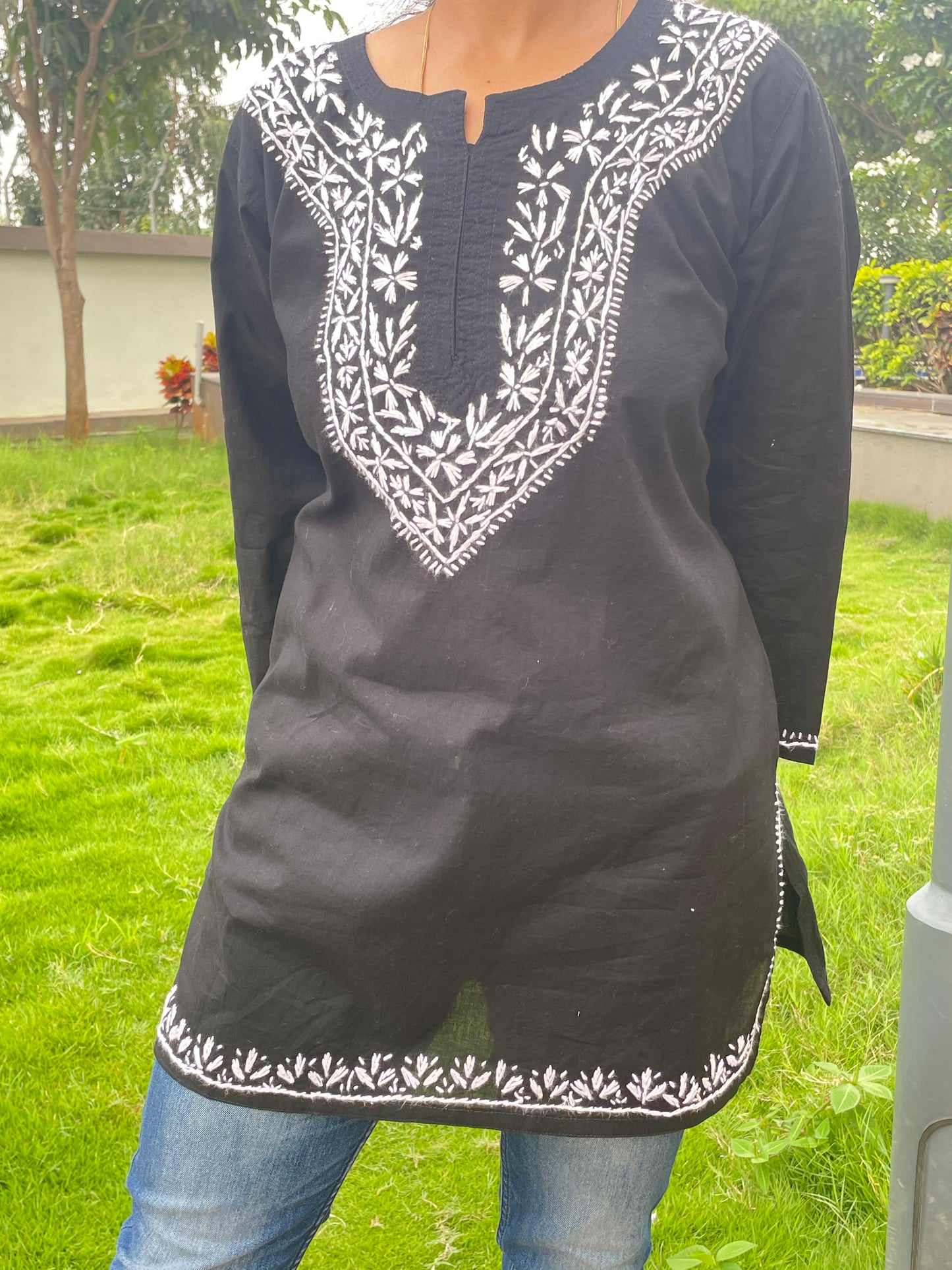 Cotton Chikankari Women's Short Kurta - Black