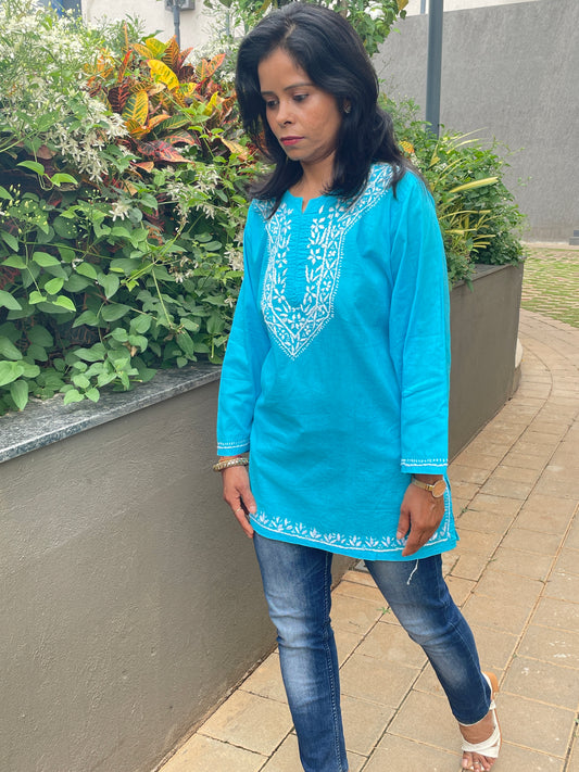 Cotton Chikankari Women's Short Kurta - Blue