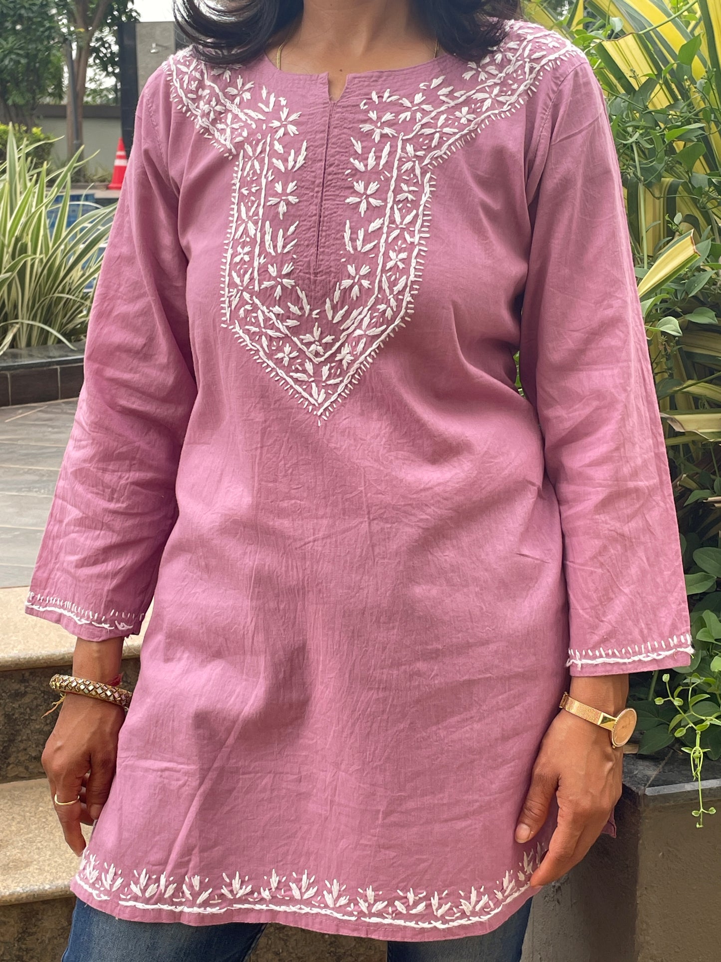 Cotton Chikankari Women's Short Kurta - Purple