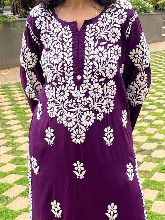 Modal 3D Chikankari Women's Long Kurta - Wine