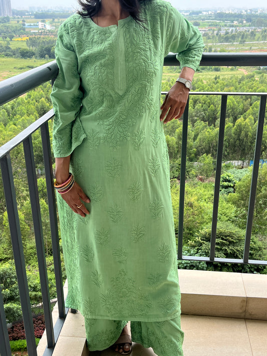Rayon 3D Chikankari Kurta Set- Green