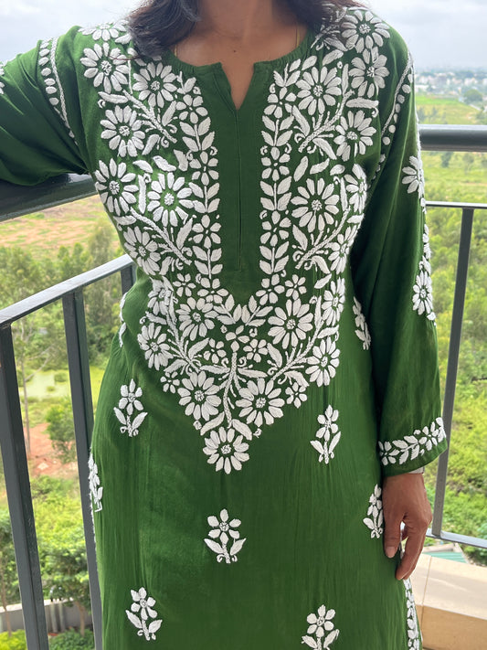 Modal 3D Chikankari Women's Long Kurta - Green
