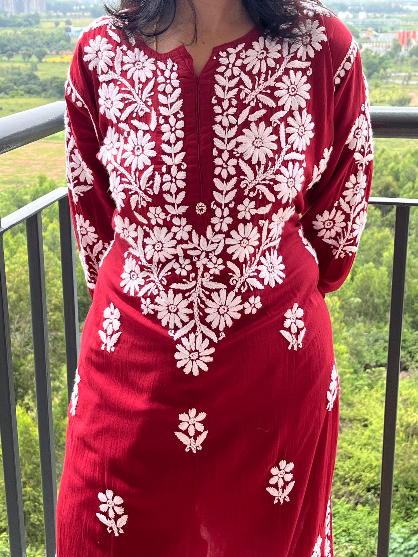 Modal 3D Chikankari Women's Long Kurta - Red