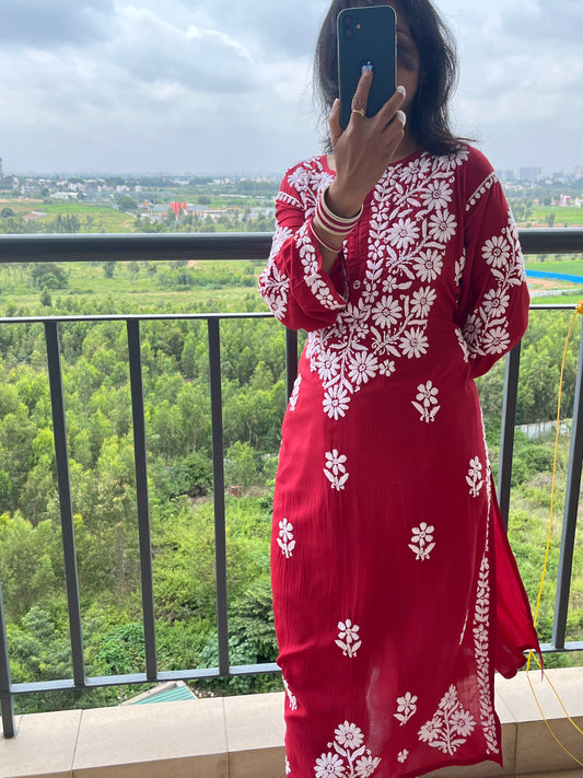 Modal 3D Chikankari Women's Long Kurta - Red
