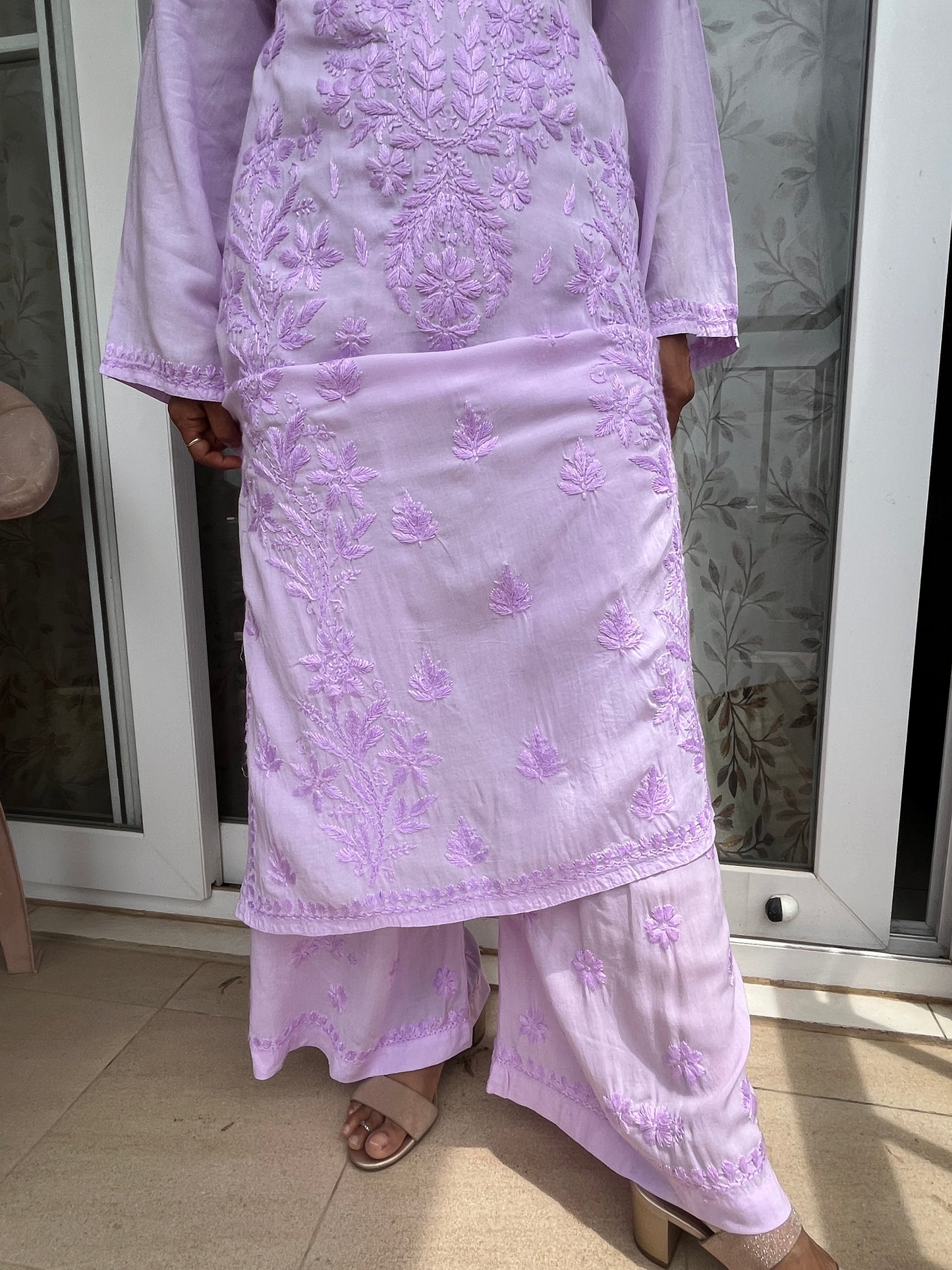 Modal 3D Chikankari Long Kurta Set- Lavender