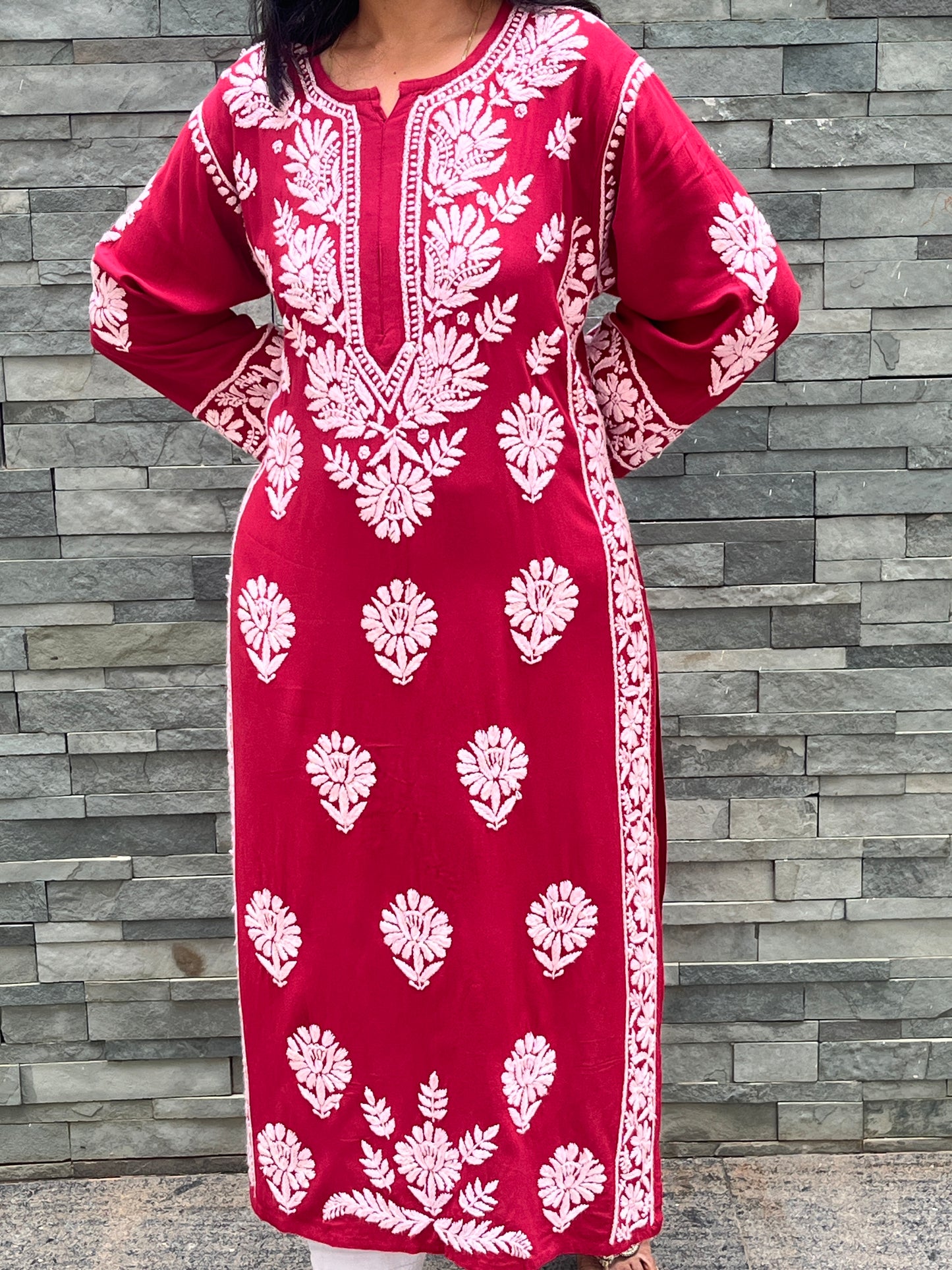 Rayon Chikankari 3D Long Kurta - Red