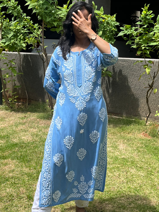 Rayon Chikankari 3D Long Kurta - Blue