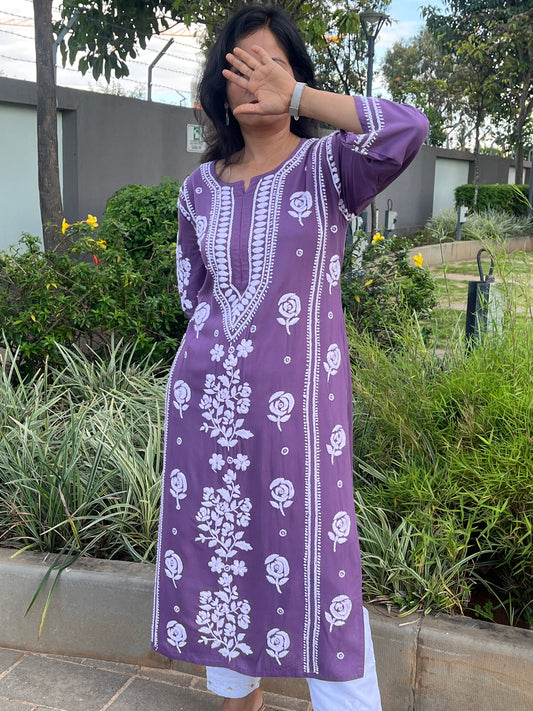 Rayon 3D Rose Chikankari Long Kurta - Purple