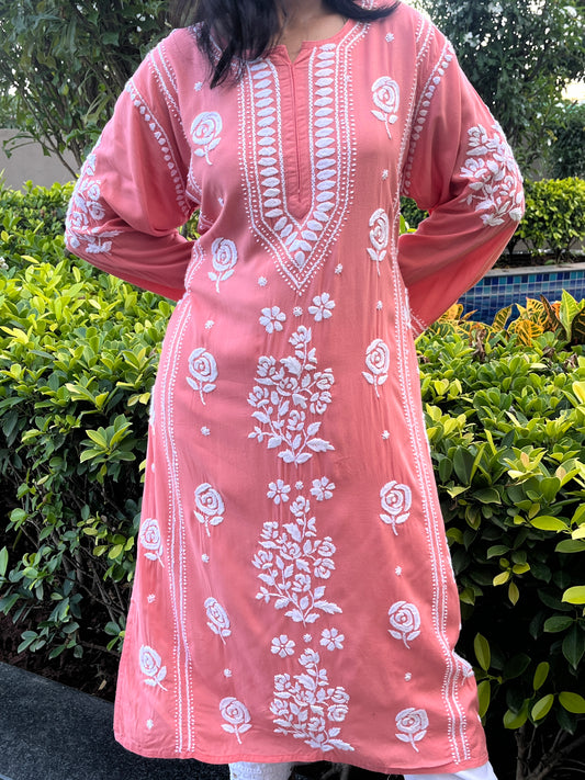 Rayon 3D Rose Chikankari Long Kurta - Peach