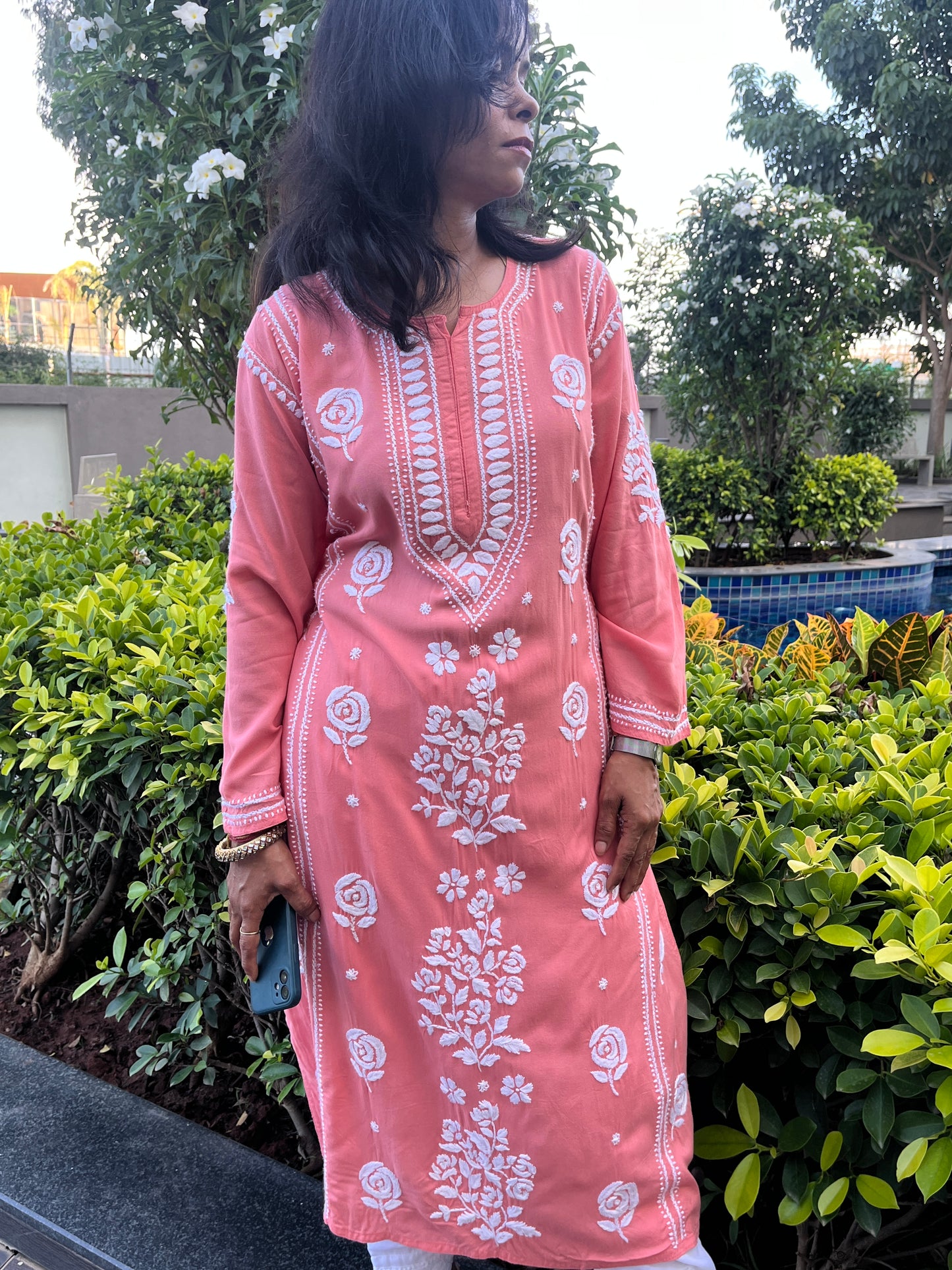 Rayon 3D Rose Chikankari Long Kurta - Peach