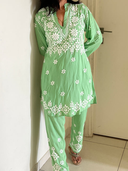 Modal 3D Chikankari Co-ord Set - Green