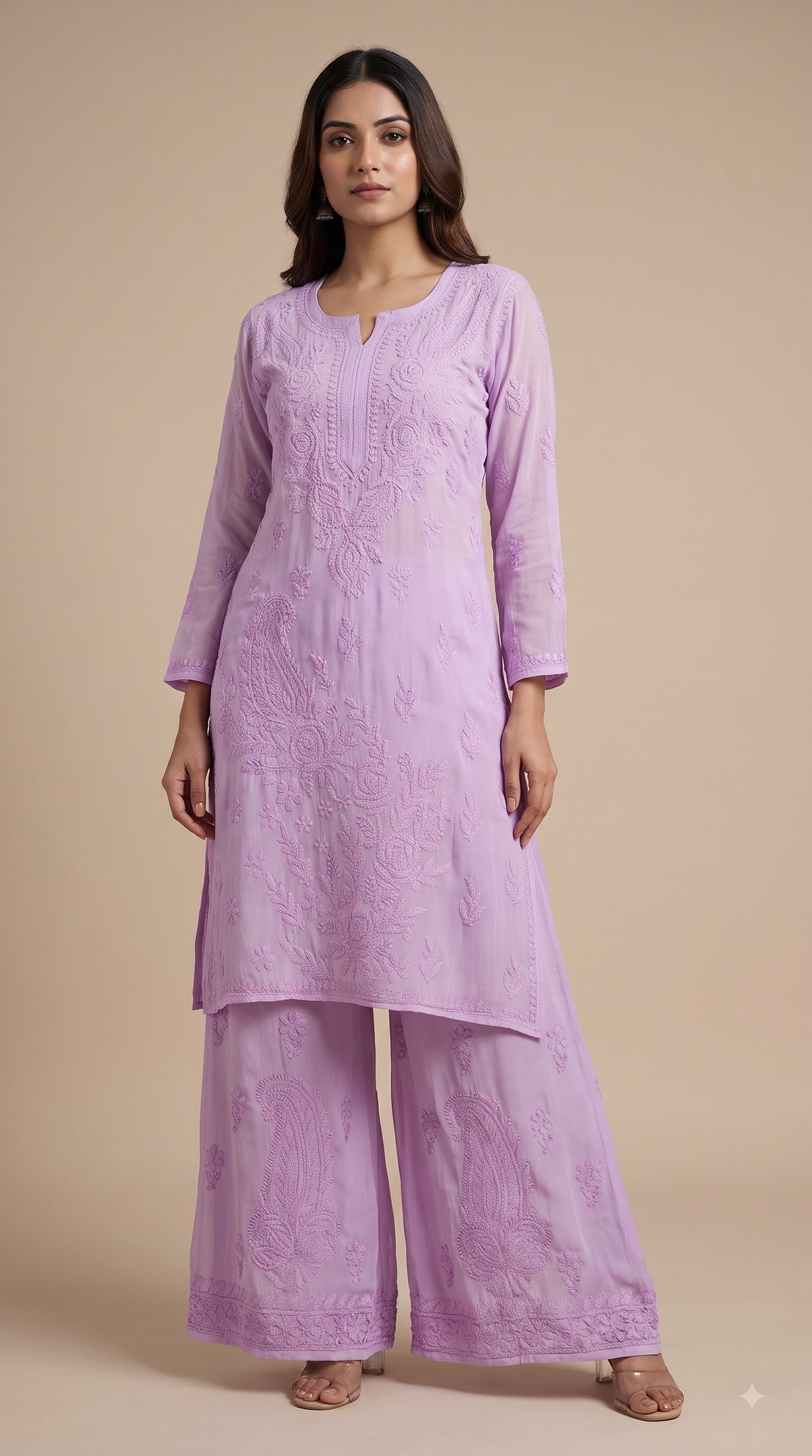 Viscose Chikankari Solid Women's Long Kurta set with Inner - lavender