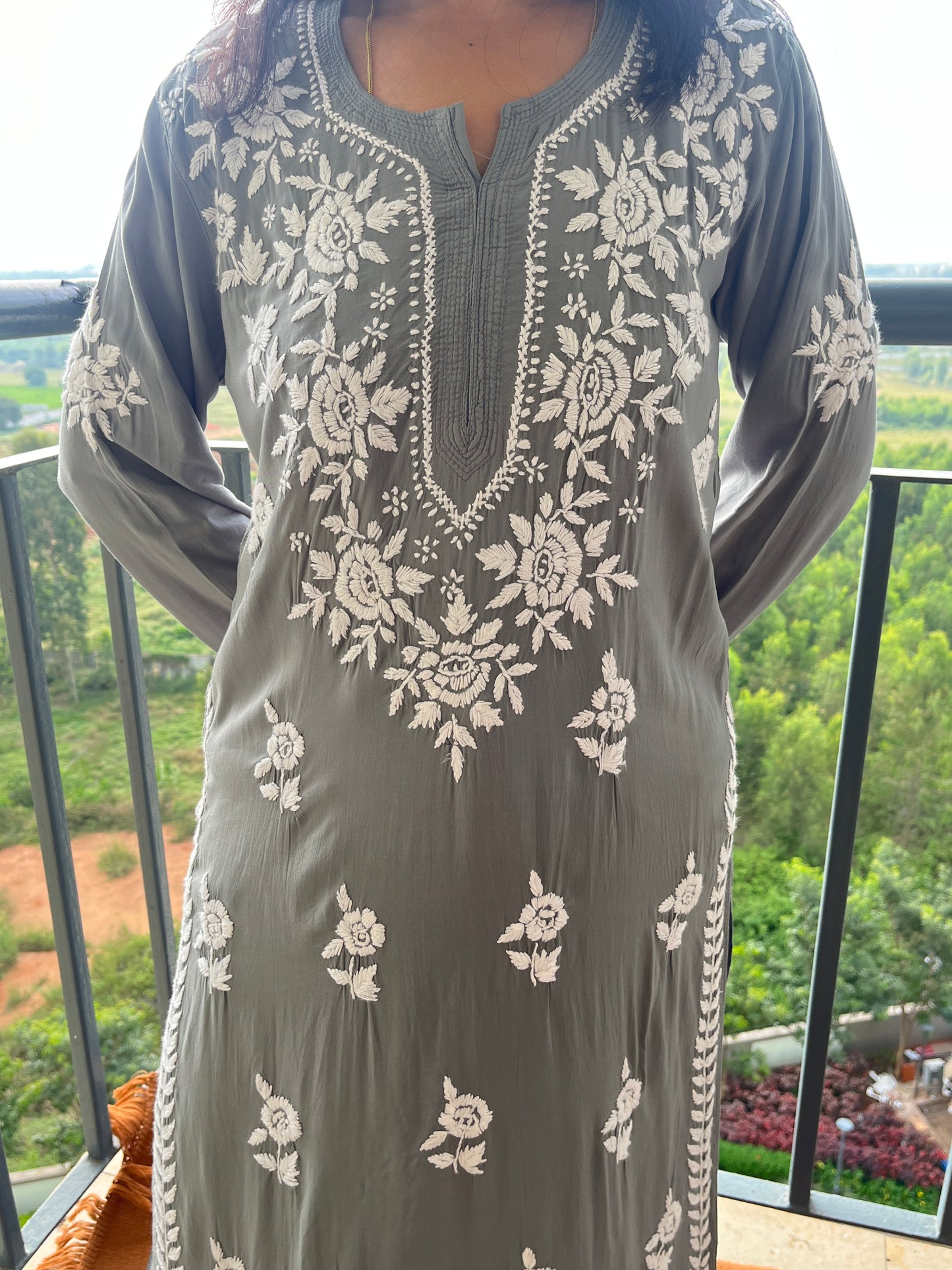 Modal Chikankari Women's Long Kurta - Grey