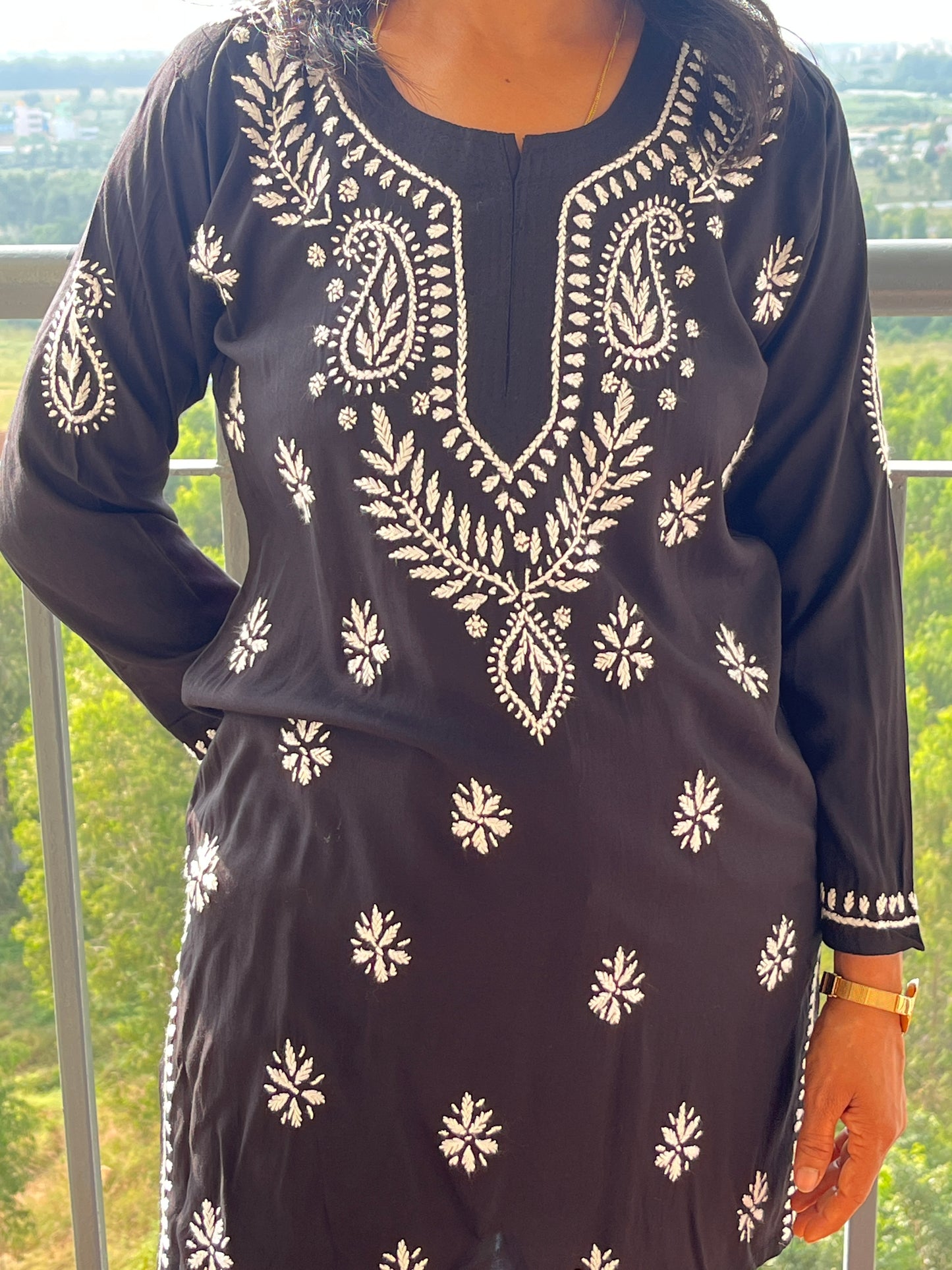 Modal Chikankari Women's Short Kurta - Black