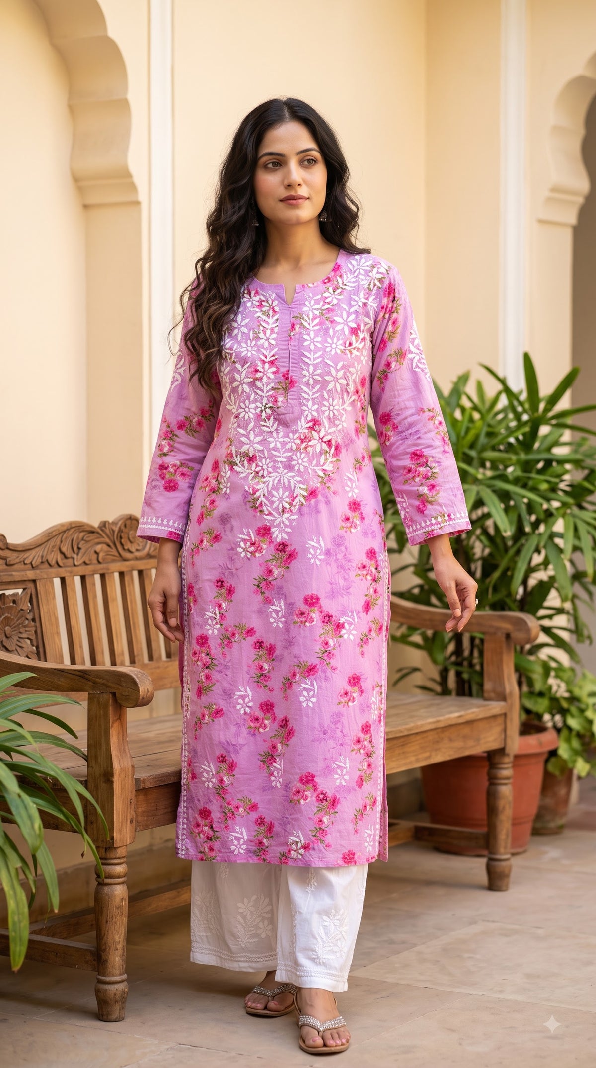 Mul Cotton Chikankari Printed Women's Long Kurta - Pink