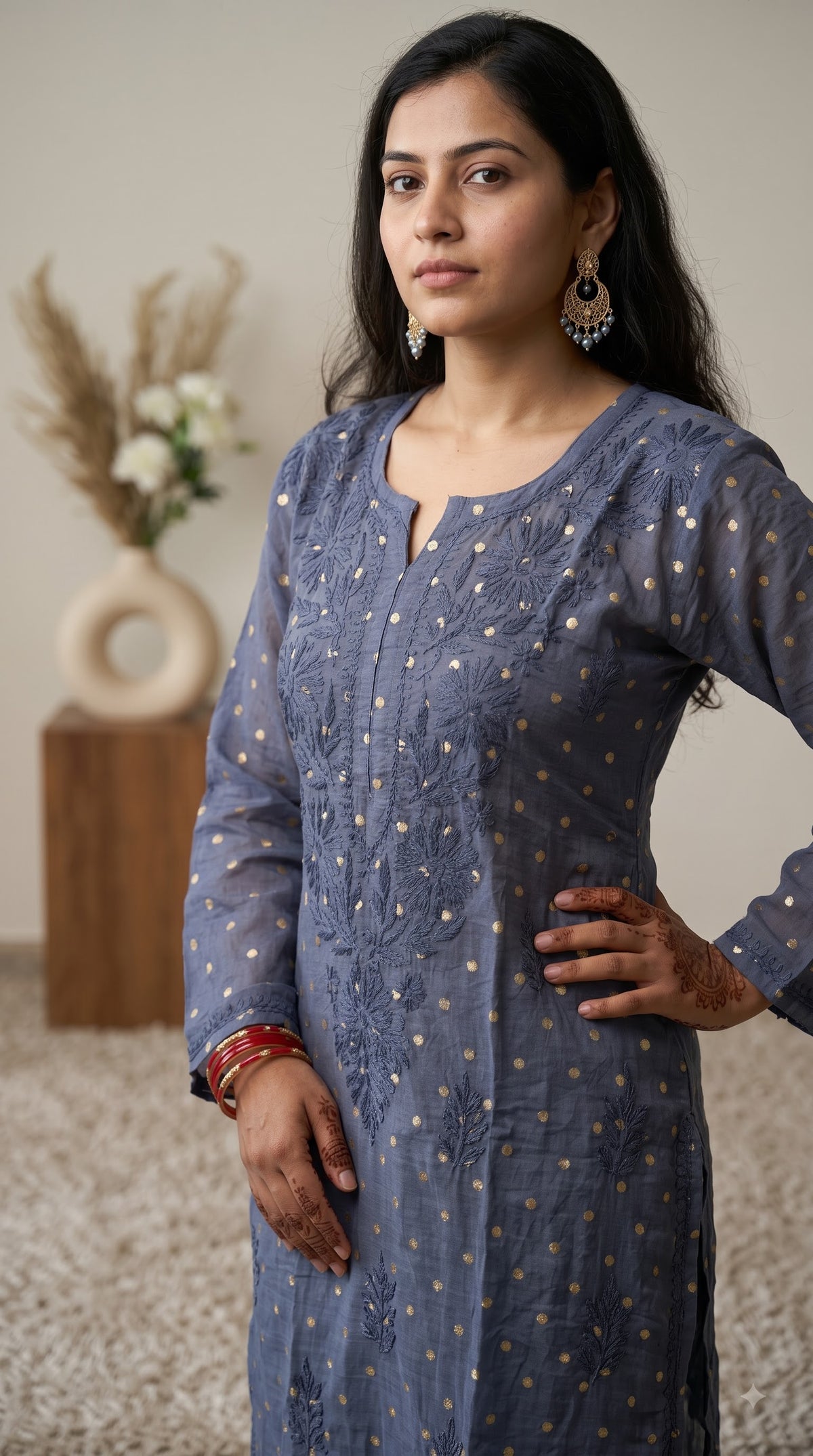 Chanderi Banarasi Dot Chikankari Solid Women's Long Kurta - Gray