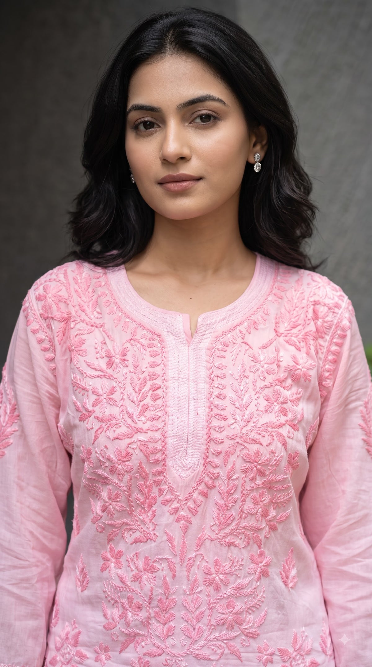 Modal 3D Chikankari Long Kurta - Ombre Pink