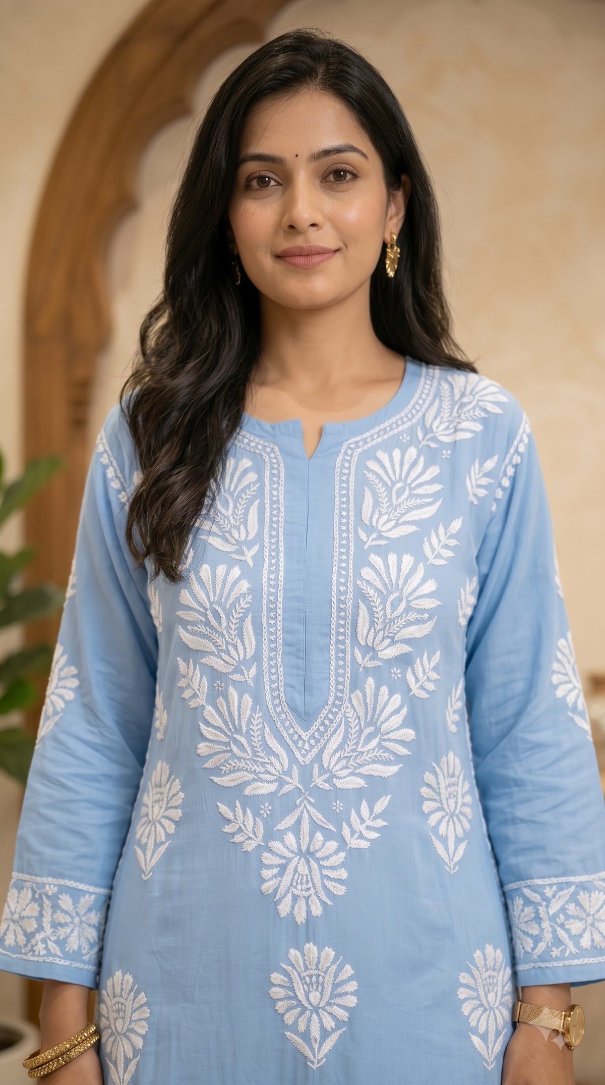 Rayon Chikankari 3D Long Kurta - Blue
