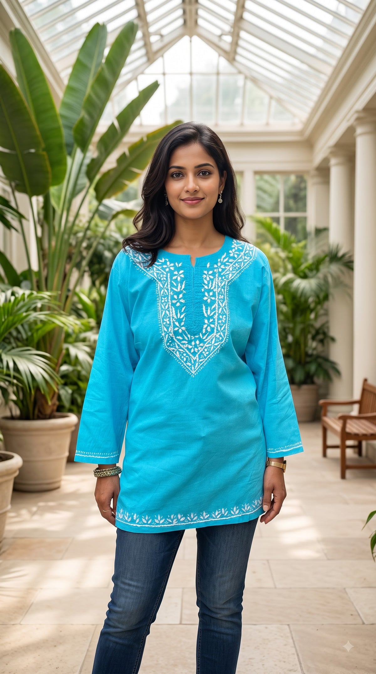 Cotton Chikankari Women's Short Kurta - Blue