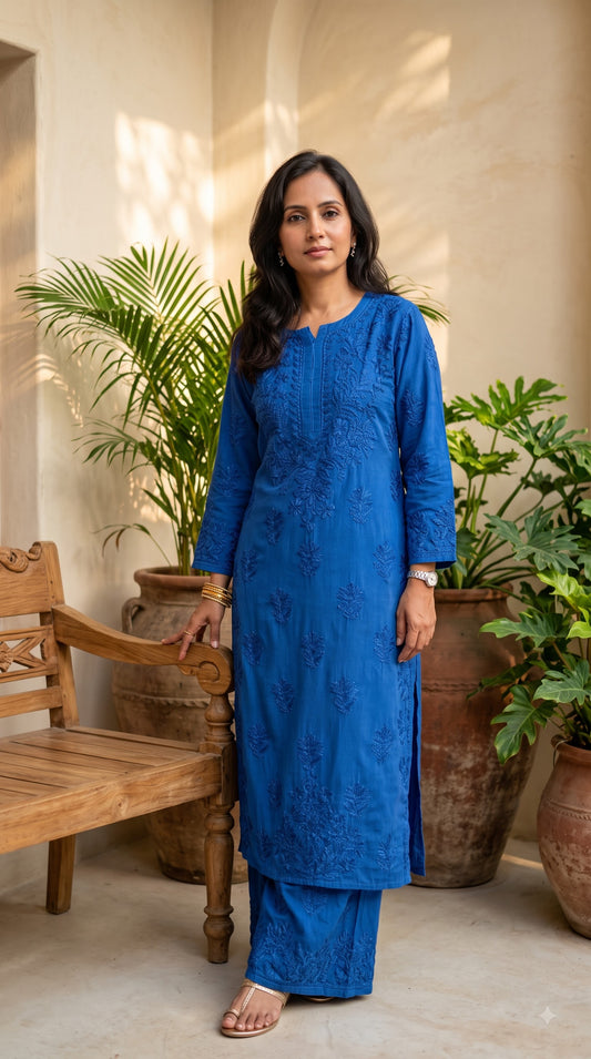 Rayon 3D Chikankari Kurta Set- Blue
