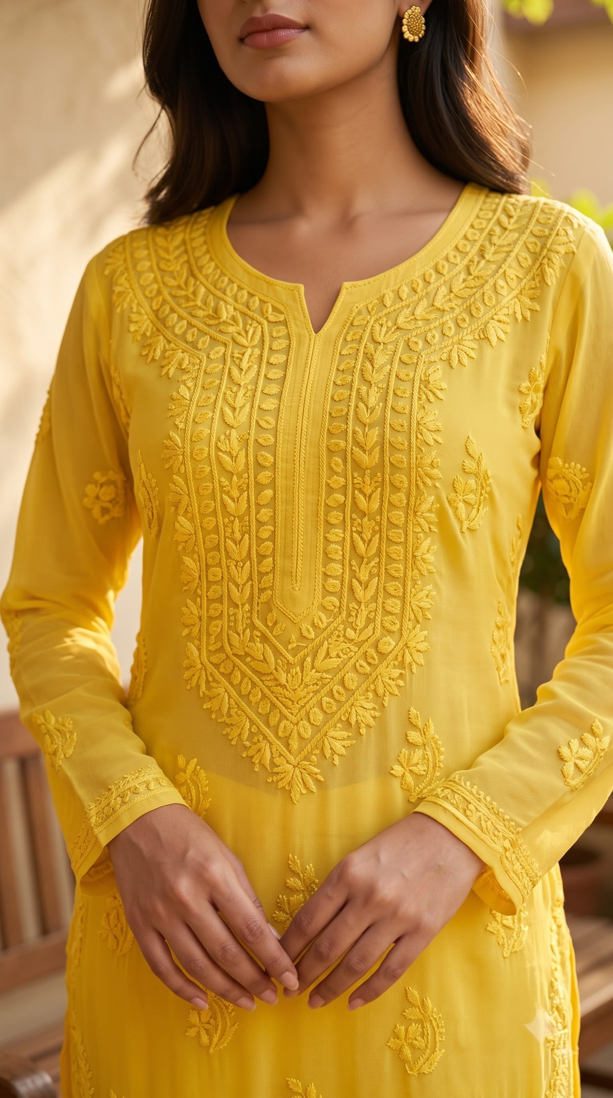 Viscose 3D Heavy Chikankari Long kurta - Ombre Yellow