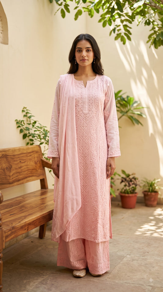 Viscose katdana 4PC Heavy Chikankari Suit Set - Ombre Peach