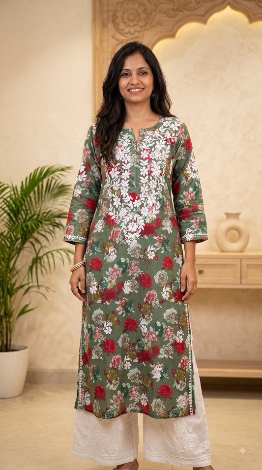 Mul Cotton Chikankari Printed Women's Long Kurta - Green