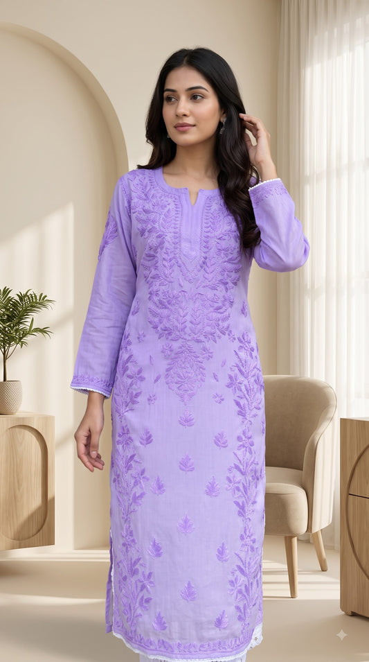 Modal 3D Chikankari Long Kurta - Ombre Lavender