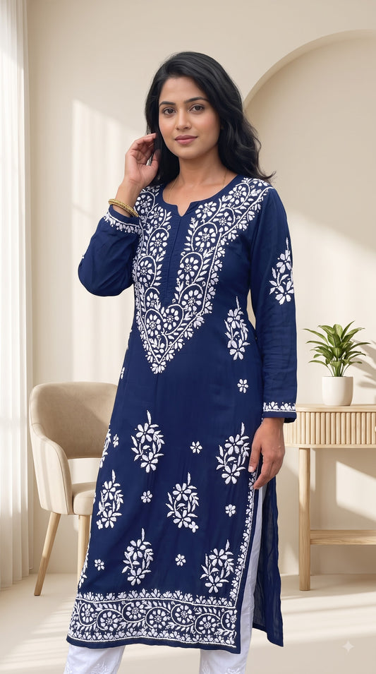 Modal Chikankari Women's Long Kurta - Navi Blue