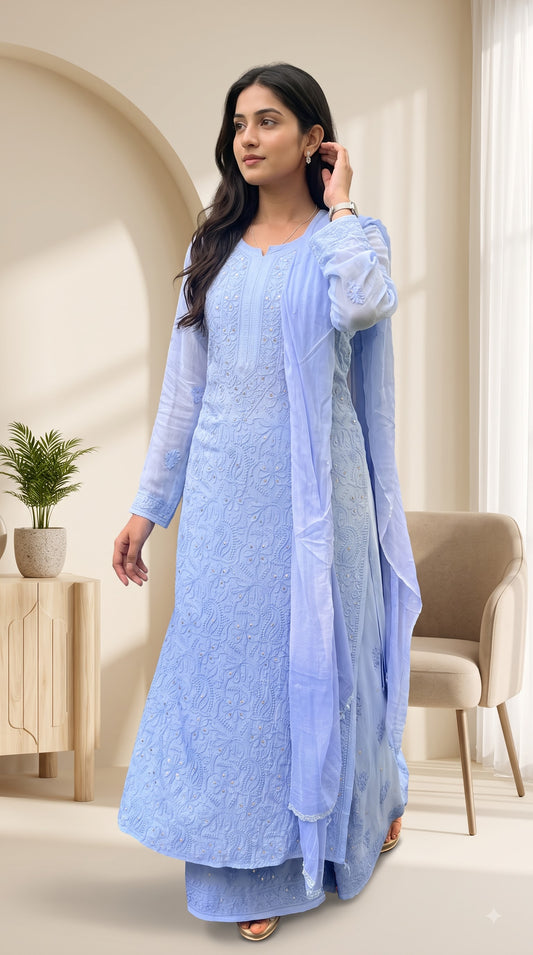 Viscose Full Jall with Mukesh 4PC Heavy Chikankari Suit Set - Ombre Blue