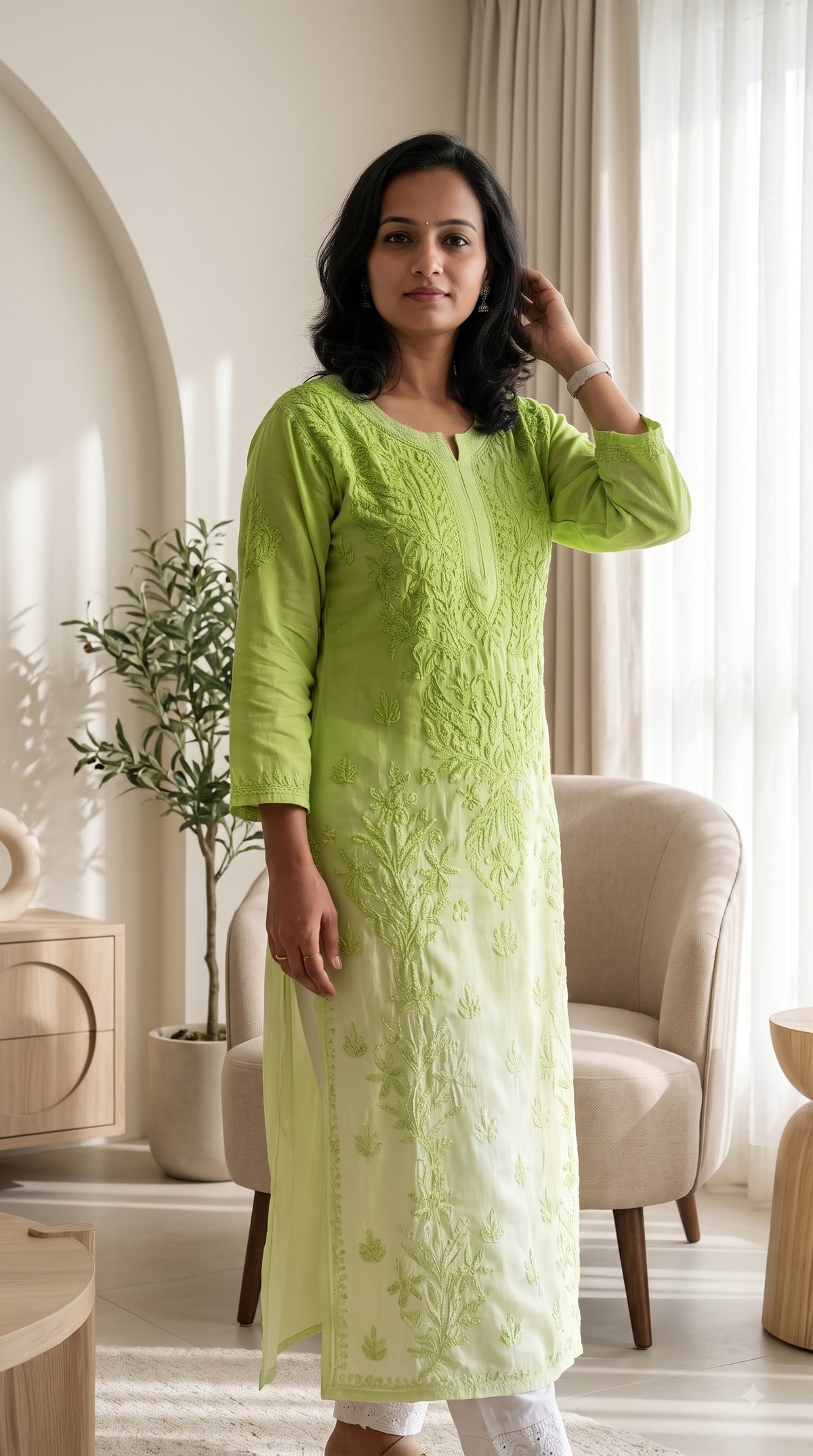 Modal 3D Chikankari Long Kurta - Ombre Green