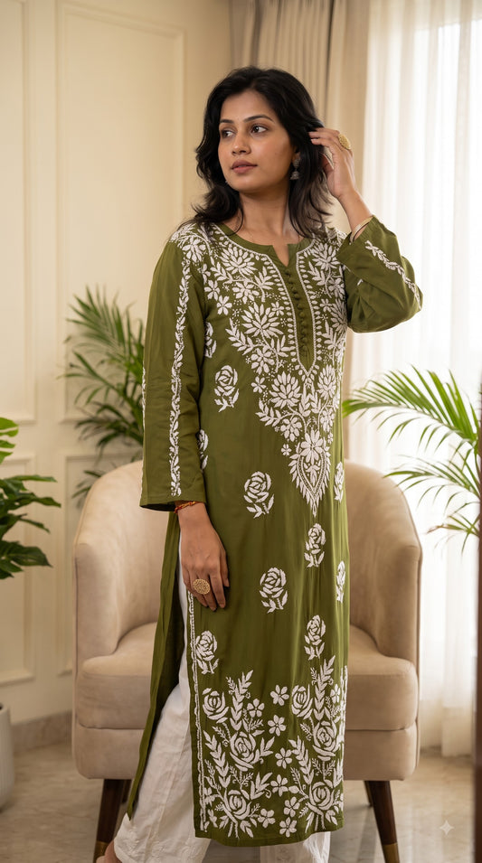 Modal Dama Chikankari Women's Long Kurta - Green