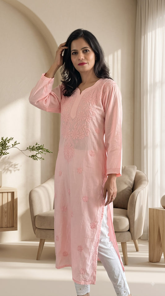 Modal Chikankari Women's Long Kurta - Peach