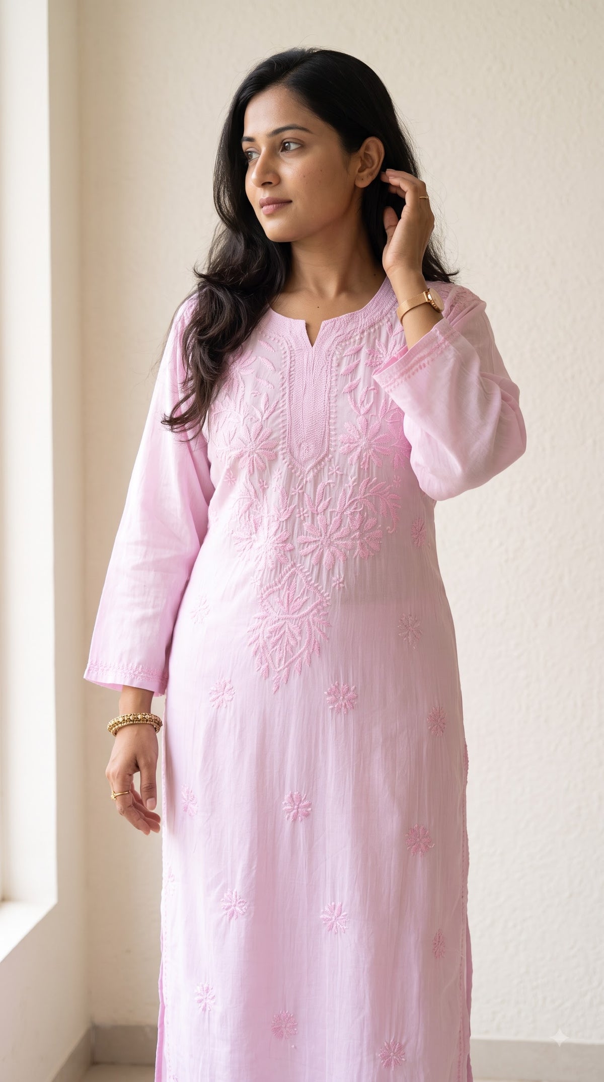 Modal Chikankari Women's Long Kurta - Pink