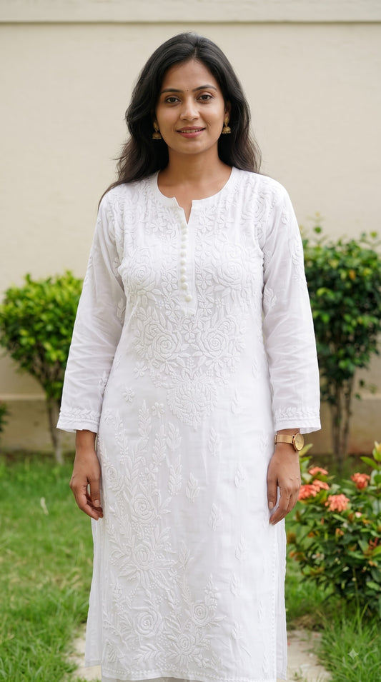 Viscose Chikankari Solid Women's Long Kurta with Inner - White