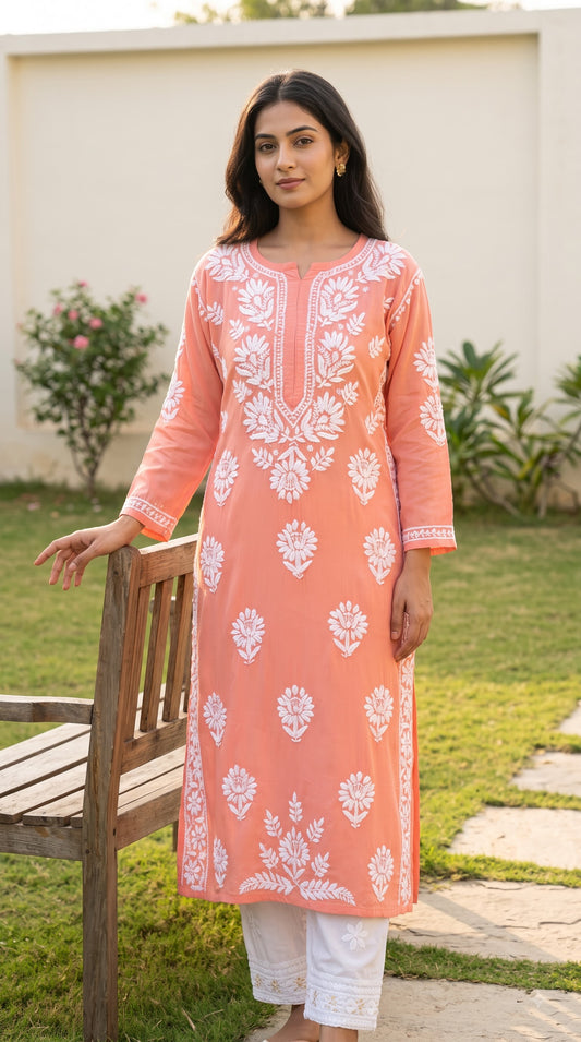 Rayon Chikankari 3D Long Kurta - Peach