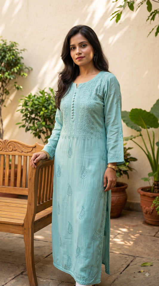 Muslin Chikankari Solid Women's Long Kurta - Green