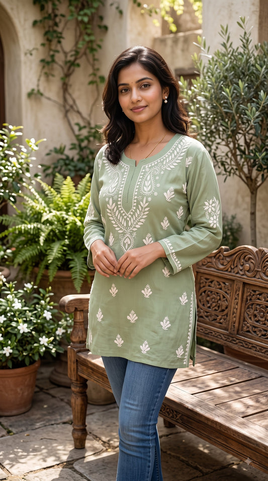 Modal Chikankari Women's Short Kurta - Green