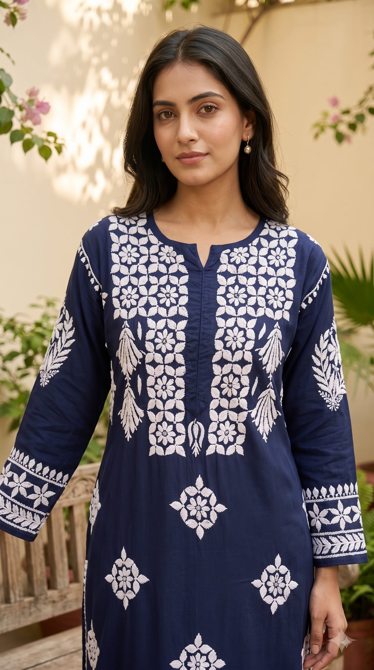 Modal 3D Chikankari Long Kurta - Navi Blue