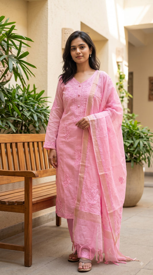 Mul Chanderi 4PC Heavy Chikankari Suit with Mukesh - Pink